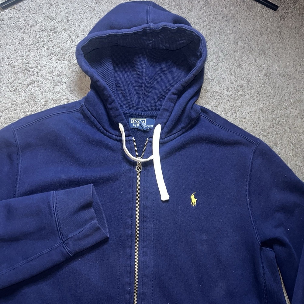 Vintage Polo Ralph Lauren Full Zip Thermal Lined Hoodie Navy Blue 2XL